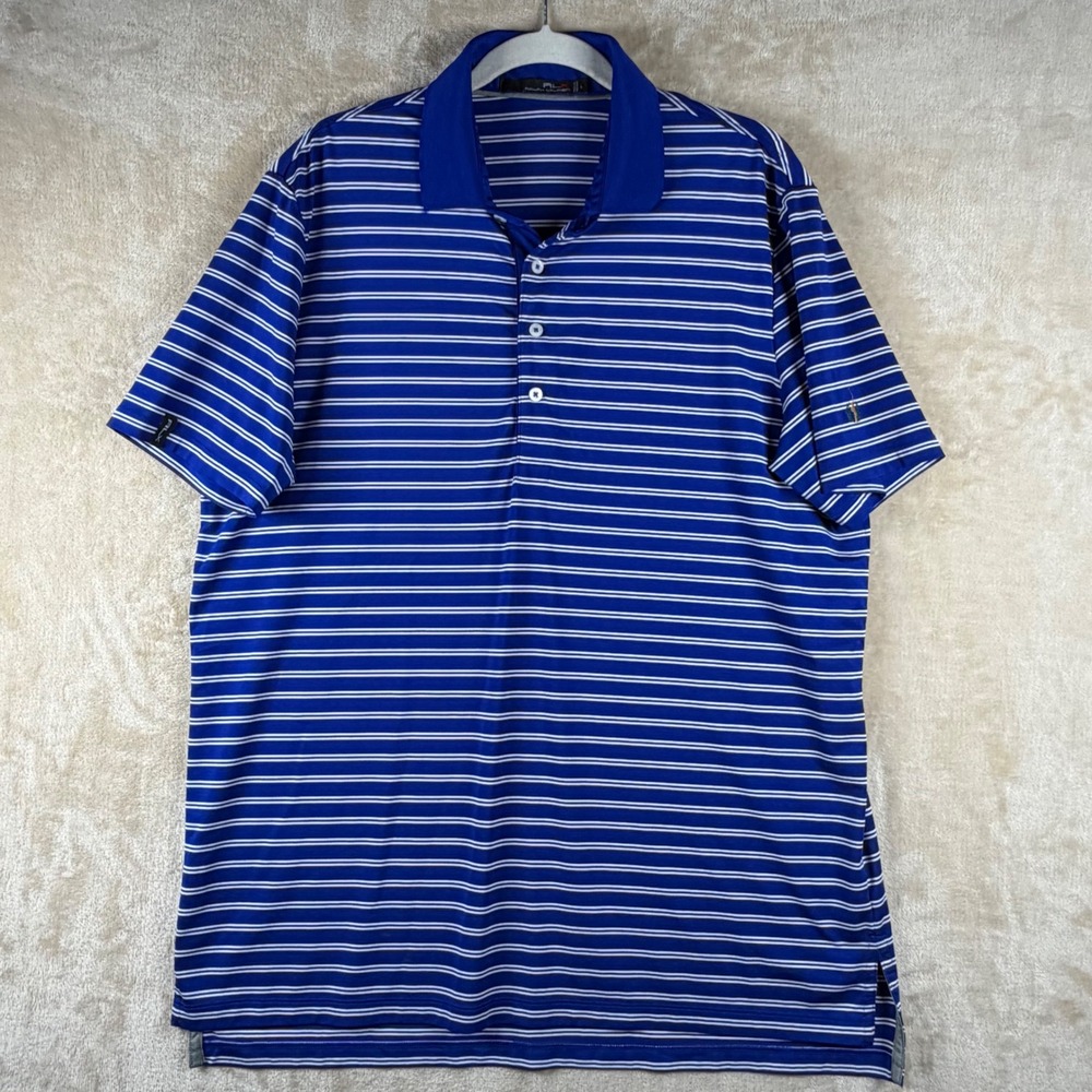 RLX Ralph Lauren Mens‎ L Blue White Striped Golf Performance Polo Shirt